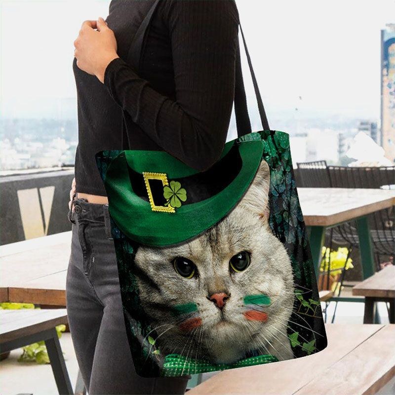 Dame Kløver Kat Mønster Print Happy St Patrick Day Skuldertaske Håndtaske Tote