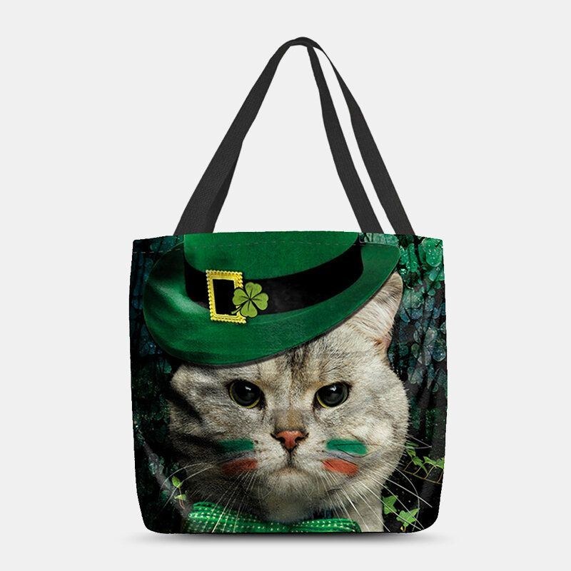 Dame Kløver Kat Mønster Print Happy St Patrick Day Skuldertaske Håndtaske Tote