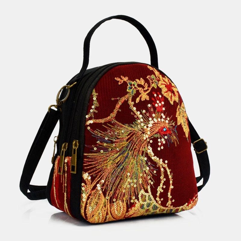 Dame Lærred Etnisk Stil Broderi Påfuglemønster Pailletter Mini Multi-bære Håndtaske Crossbody Taske