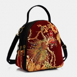 Dame Lærred Etnisk Stil Broderi Påfuglemønster Pailletter Mini Multi-bære Håndtaske Crossbody Taske