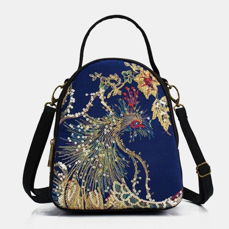 Dame Lærred Etnisk Stil Broderi Påfuglemønster Pailletter Mini Multi-bære Håndtaske Crossbody Taske