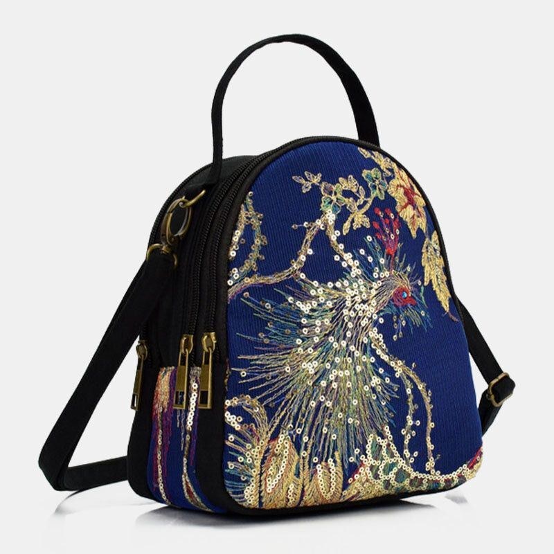 Dame Lærred Etnisk Stil Broderi Påfuglemønster Pailletter Mini Multi-bære Håndtaske Crossbody Taske