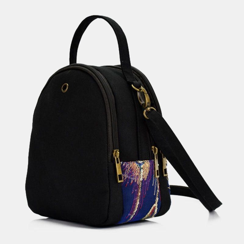 Dame Lærred Etnisk Stil Broderi Påfuglemønster Pailletter Mini Multi-bære Håndtaske Crossbody Taske