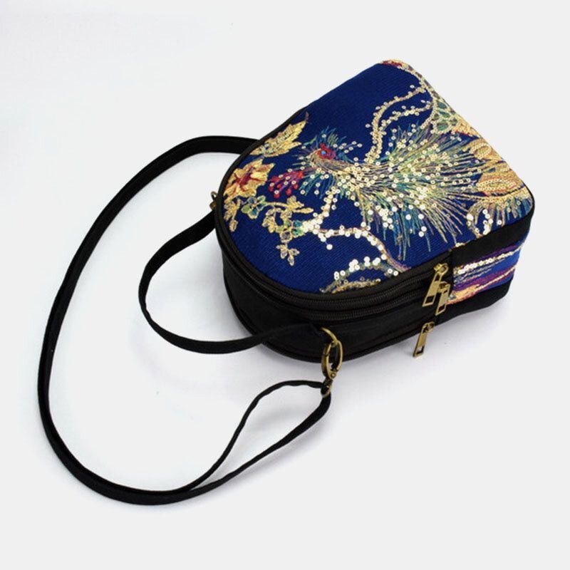 Dame Lærred Etnisk Stil Broderi Påfuglemønster Pailletter Mini Multi-bære Håndtaske Crossbody Taske