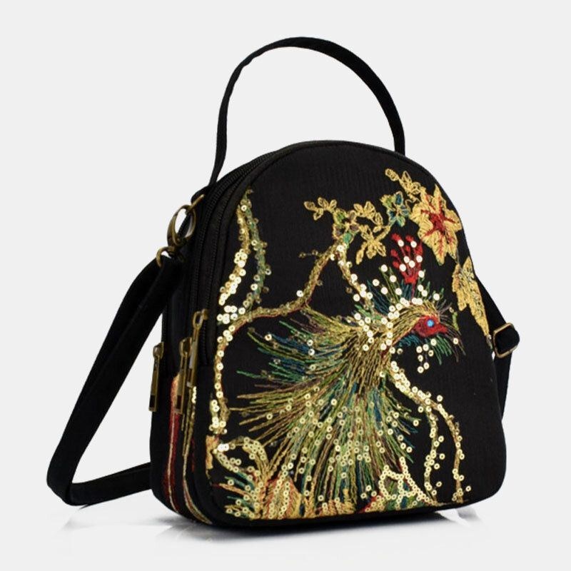 Dame Lærred Etnisk Stil Broderi Påfuglemønster Pailletter Mini Multi-bære Håndtaske Crossbody Taske