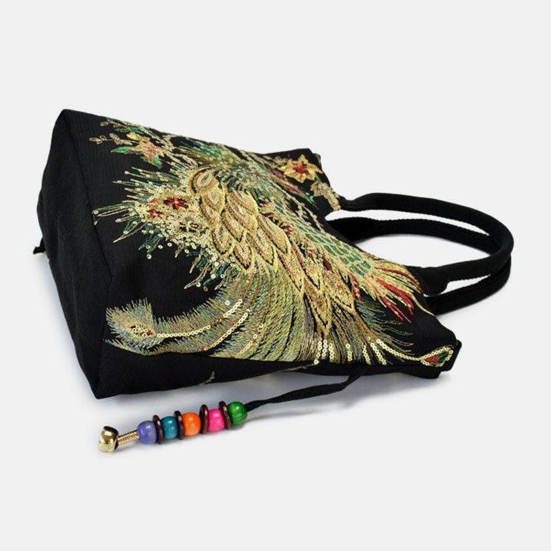 Dame Lærredsbroderi Påfuglemønster Etnisk Stil Multi-bære Håndtaske Crossbody Taske Skuldertaske