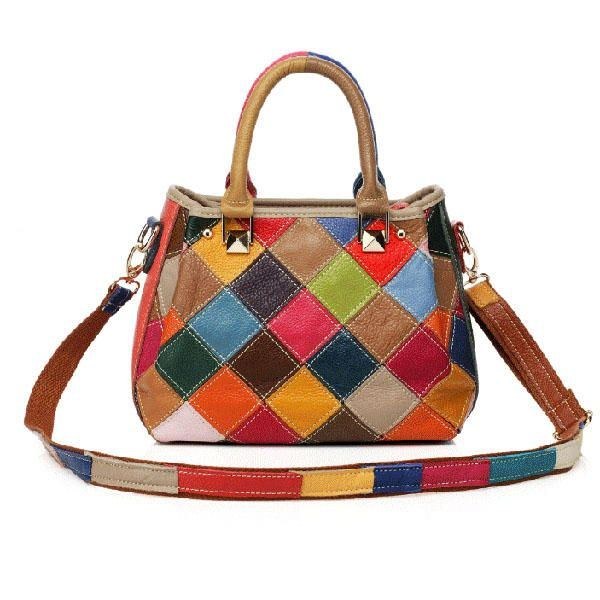 Dame Patchwork Koskind Farverig Håndtaske Tote Håndtaske Crossbody Taske