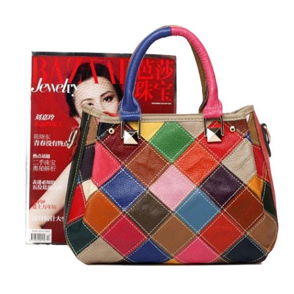 Dame Patchwork Koskind Farverig Håndtaske Tote Håndtaske Crossbody Taske