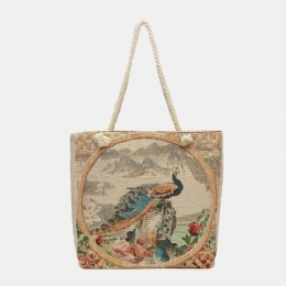 Dame Peacock Printed Canvas Tote Bag Hangbag