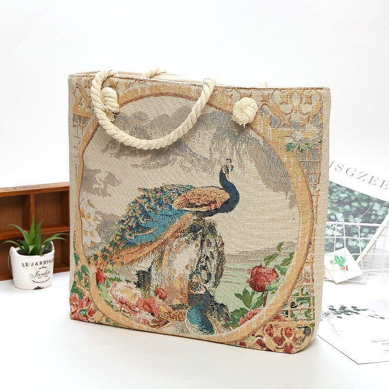 Dame Peacock Printed Canvas Tote Bag Hangbag