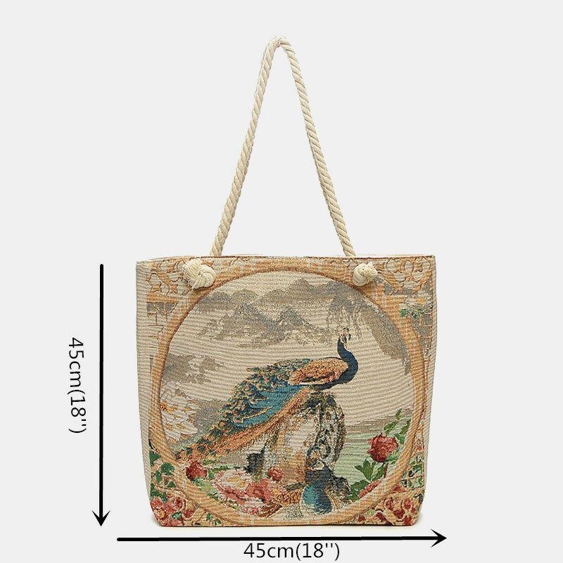 Dame Peacock Printed Canvas Tote Bag Hangbag