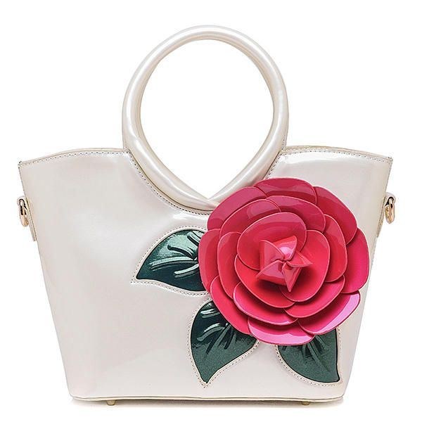 Dame Pearl Patent Læder Coloful Flower Håndtaske