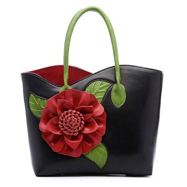 Dame Pu Læder Blomsterdekoration Elegant Håndtaske Sling Bag National Style Tote Bag