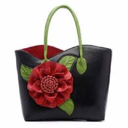 Dame Pu Læder Blomsterdekoration Elegant Håndtaske Sling Bag National Style Tote Bag