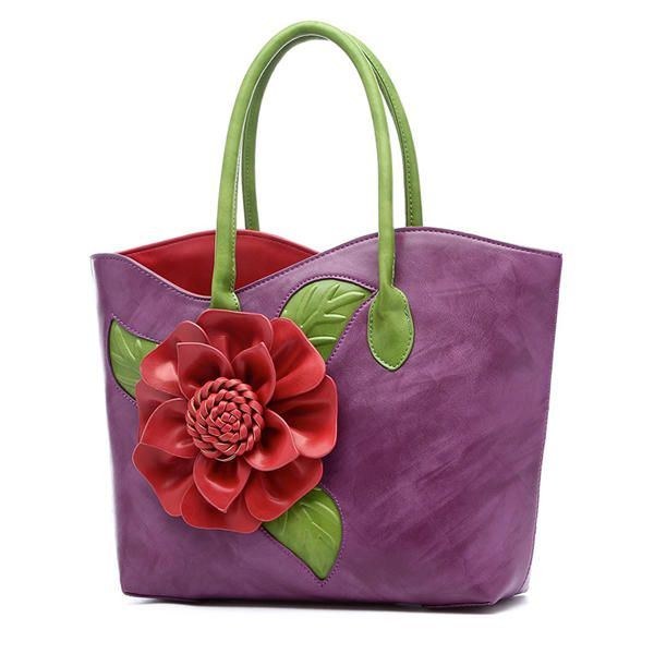 Dame Pu Læder Blomsterdekoration Elegant Håndtaske Sling Bag National Style Tote Bag