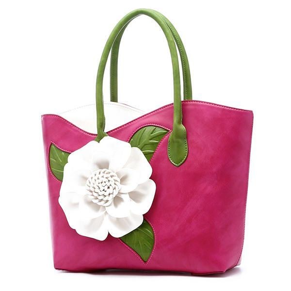 Dame Pu Læder Blomsterdekoration Elegant Håndtaske Sling Bag National Style Tote Bag