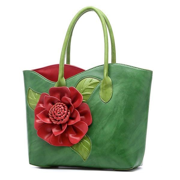 Dame Pu Læder Blomsterdekoration Elegant Håndtaske Sling Bag National Style Tote Bag