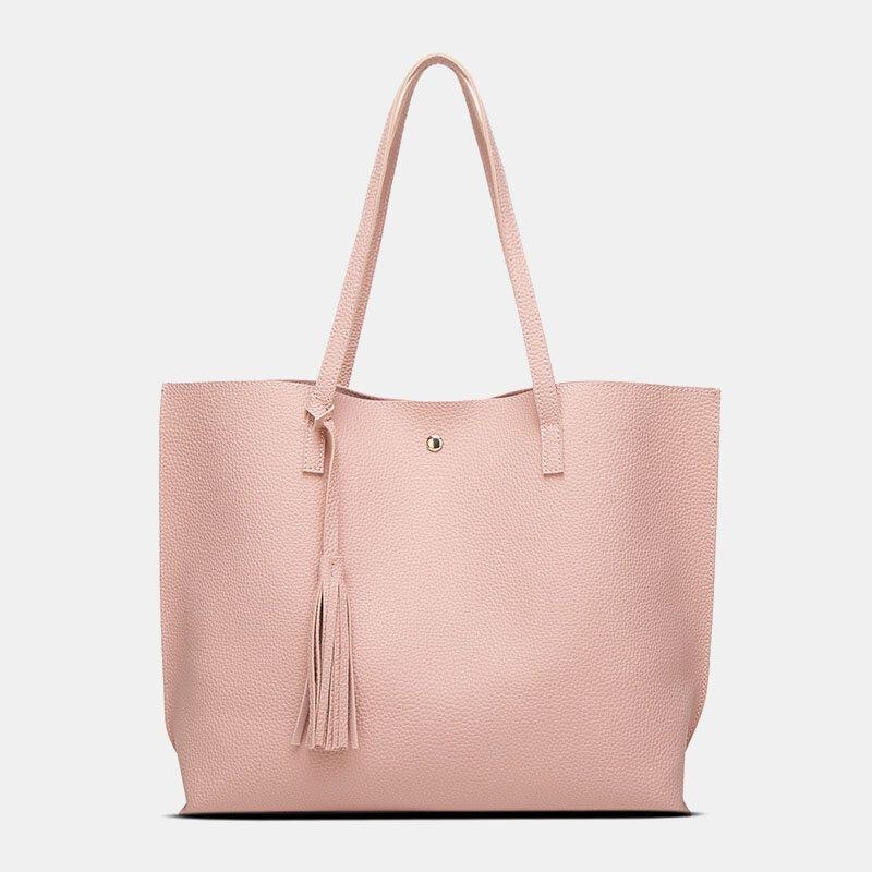 Dame Pu Læder Litchi Mønster Stor Kapacitet Casual Tassel Solid Tote Skuldertaske Håndtaske