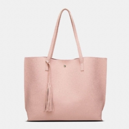 Dame Pu Læder Litchi Mønster Stor Kapacitet Casual Tassel Solid Tote Skuldertaske Håndtaske