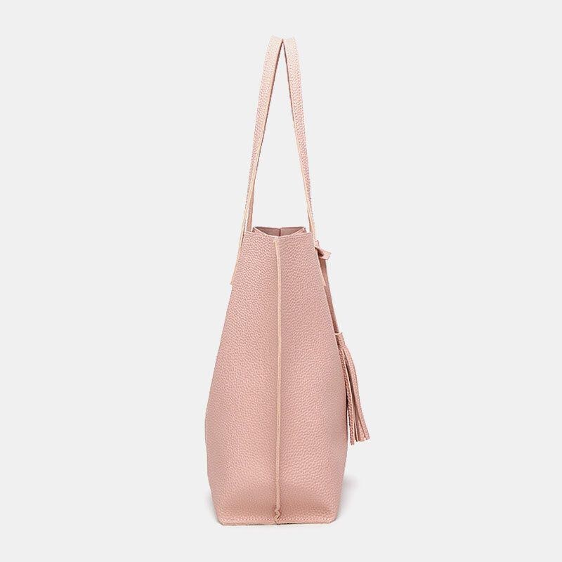 Dame Pu Læder Litchi Mønster Stor Kapacitet Casual Tassel Solid Tote Skuldertaske Håndtaske