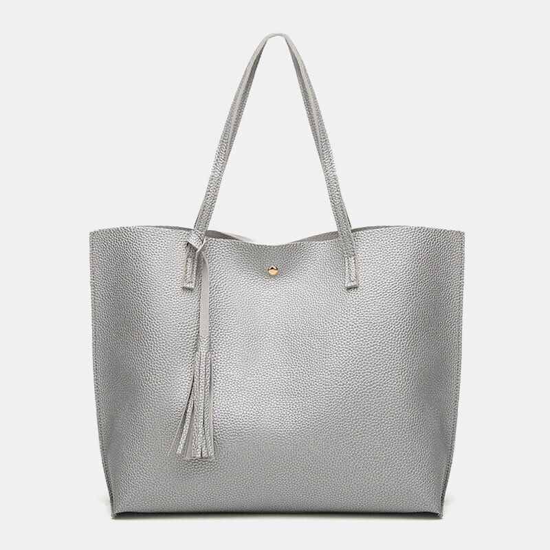 Dame Pu Læder Litchi Mønster Stor Kapacitet Casual Tassel Solid Tote Skuldertaske Håndtaske