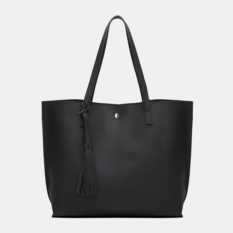 Dame Pu Læder Litchi Mønster Stor Kapacitet Casual Tassel Solid Tote Skuldertaske Håndtaske