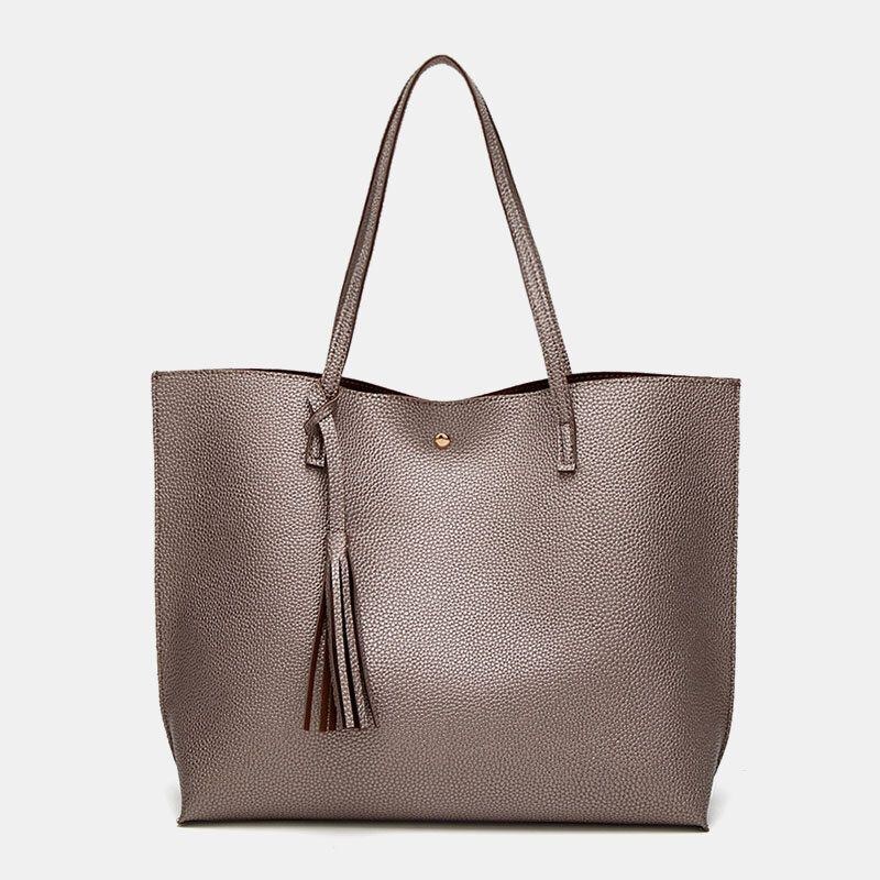 Dame Pu Læder Litchi Mønster Stor Kapacitet Casual Tassel Solid Tote Skuldertaske Håndtaske