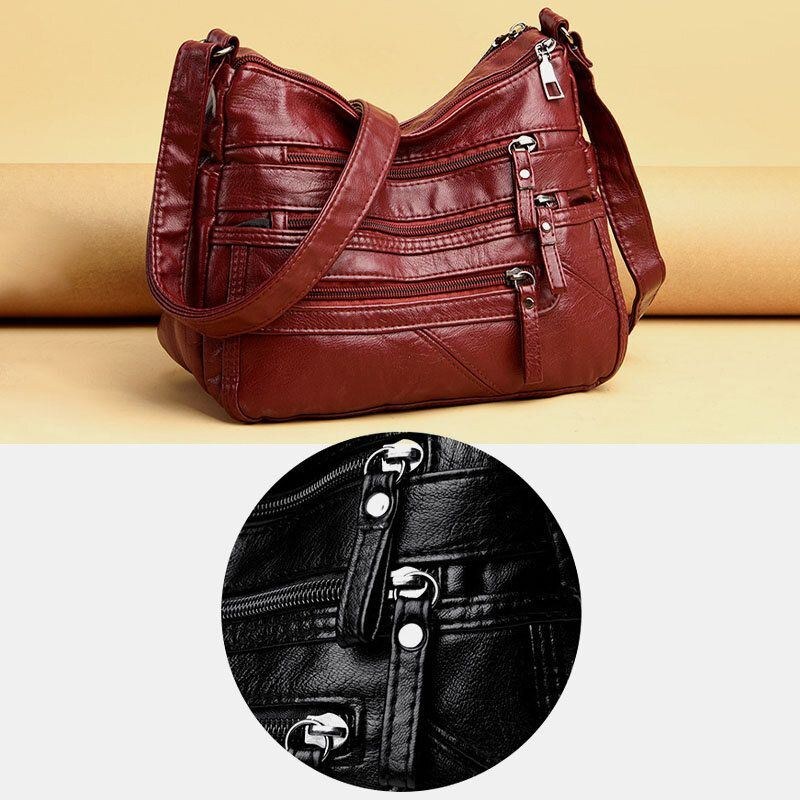 Dame Pu Læder Retro Casual Stor Kapacitet Fransk Håndtaske Med Flere Lommer Crossbody Tasker