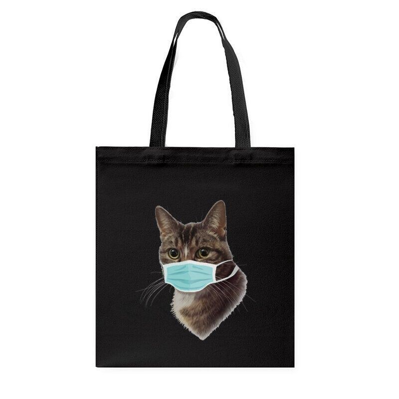 Dame Sød Kat Mønster Maske Casual Canvas Tote Skuldertaske