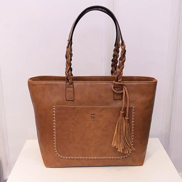 Dame Solid Faux Læder Tassel Tote Bag Stor Kapacitet