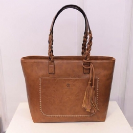 Dame Solid Faux Læder Tassel Tote Bag Stor Kapacitet