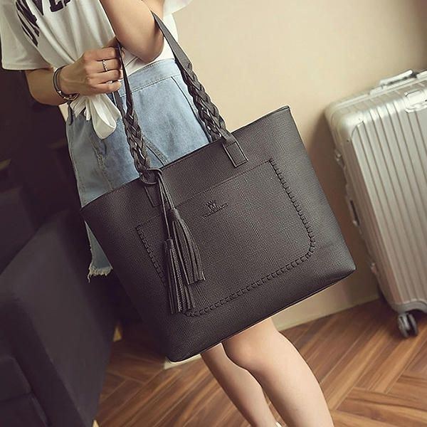 Dame Solid Faux Læder Tassel Tote Bag Stor Kapacitet