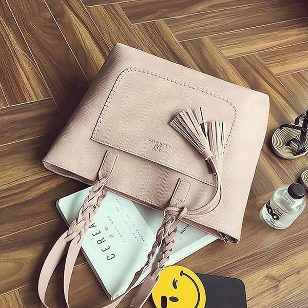 Dame Solid Faux Læder Tassel Tote Bag Stor Kapacitet