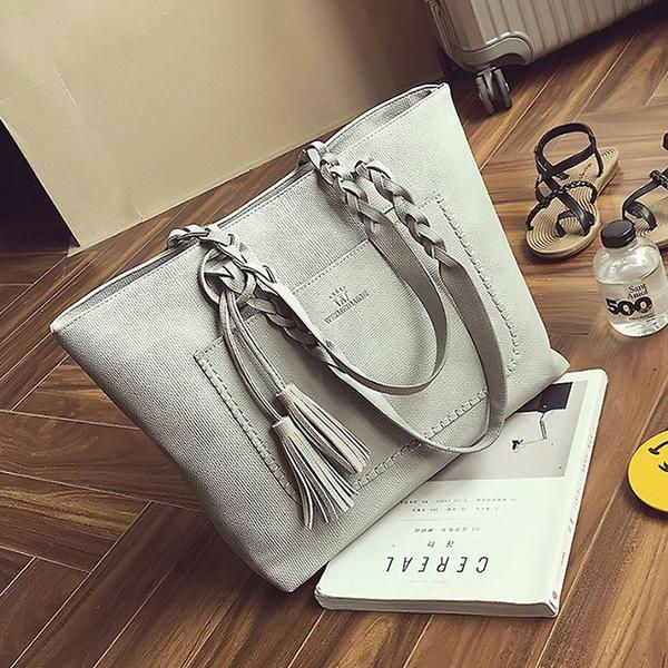 Dame Solid Faux Læder Tassel Tote Bag Stor Kapacitet