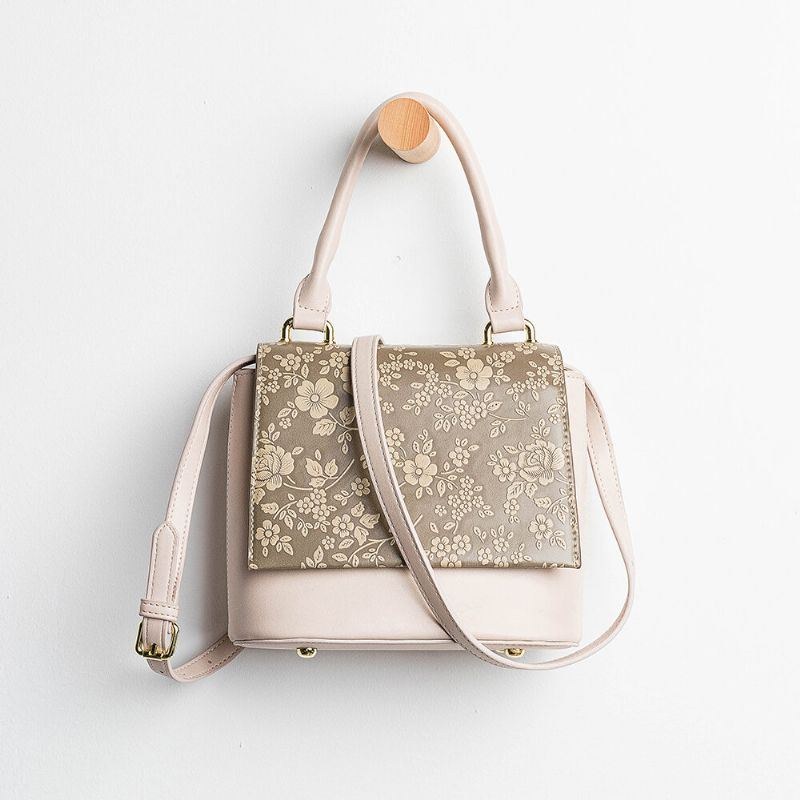 Dame Vintage Ægte Læder Blomsterhåndtaske Crossbody Taske Skuldertaske