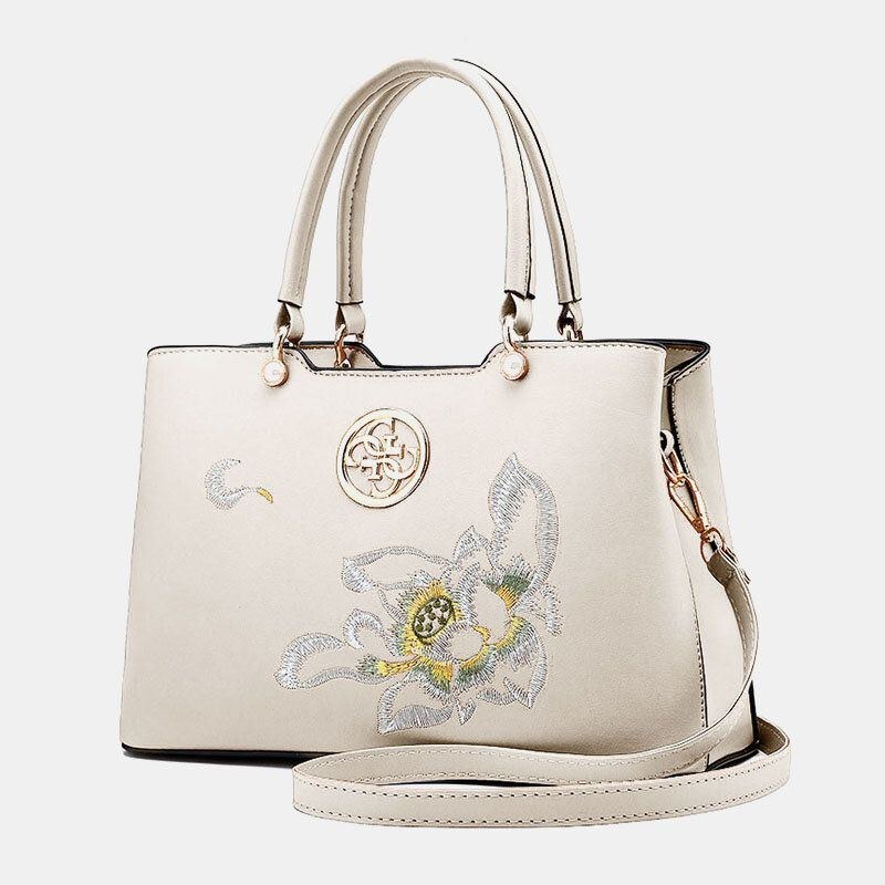 Dame Vintage Kinesisk Stil Gardenia Flower Broderet Håndtaske Stor Kapacitet Multi-lomme Multi-bære Pu Leahter Crossbody Taske