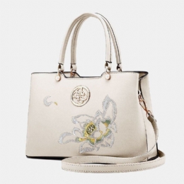 Dame Vintage Kinesisk Stil Gardenia Flower Broderet Håndtaske Stor Kapacitet Multi-lomme Multi-bære Pu Leahter Crossbody Taske