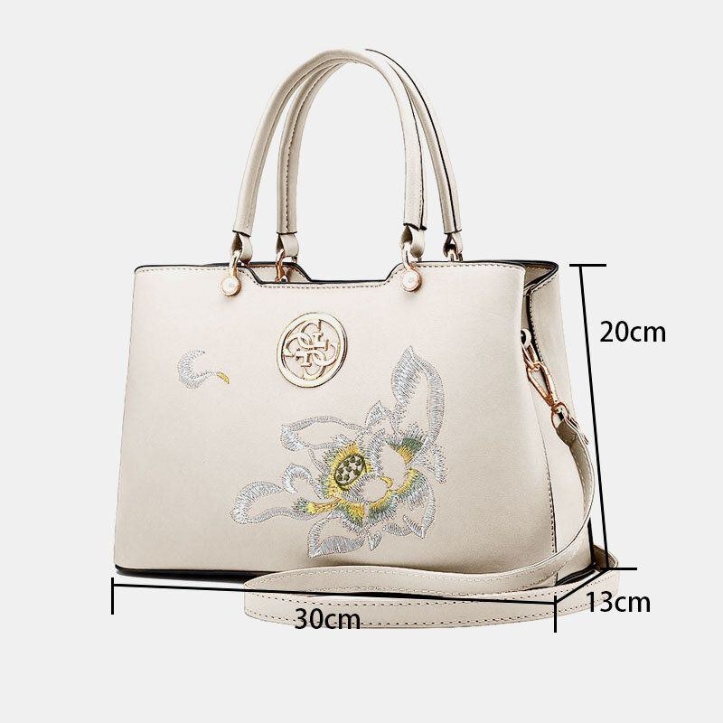 Dame Vintage Kinesisk Stil Gardenia Flower Broderet Håndtaske Stor Kapacitet Multi-lomme Multi-bære Pu Leahter Crossbody Taske