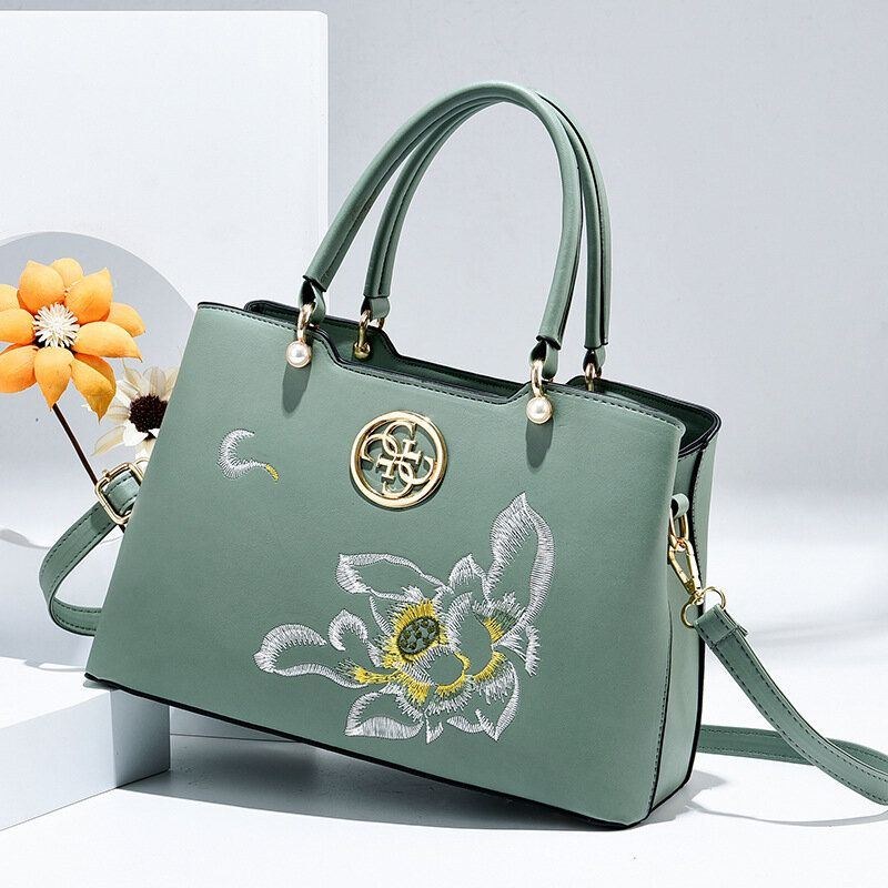 Dame Vintage Kinesisk Stil Gardenia Flower Broderet Håndtaske Stor Kapacitet Multi-lomme Multi-bære Pu Leahter Crossbody Taske