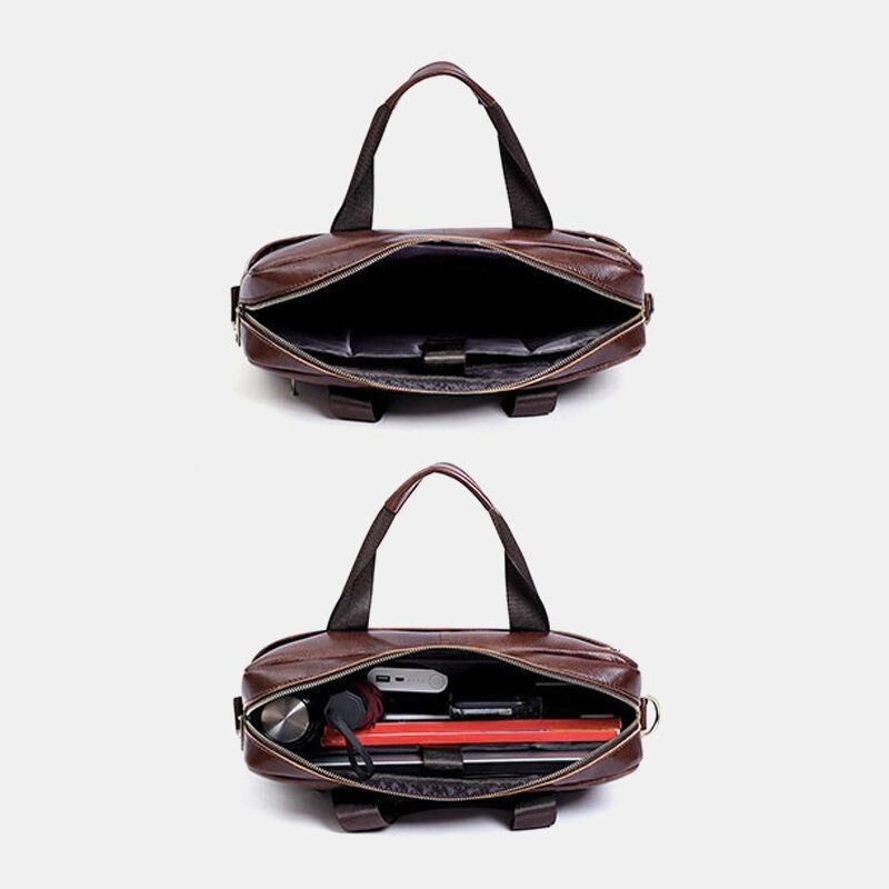 Herre Multifunktion Ægte Læder 15.6 Tommer Bærbar Taske Dokumentmapper Retro Multi-lomme Crossbody Taske Skuldertaske