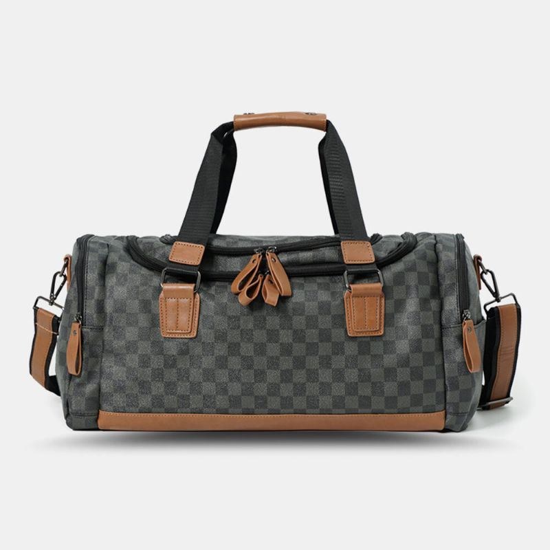 Herre Pu Læder Plaid Mønster Multifunktions Håndtaske Mode Multi-lomme Rejsetaske Fitness Taske Crossbody Taske Skuldertaske