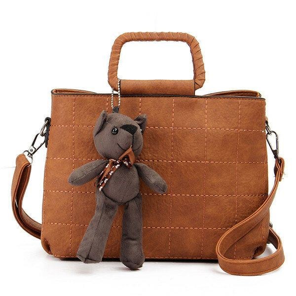 Retro Kvinder Pu Læder Plaid Bear Håndtasker Dame Elgant Skuldertasker Crossbody Tasker