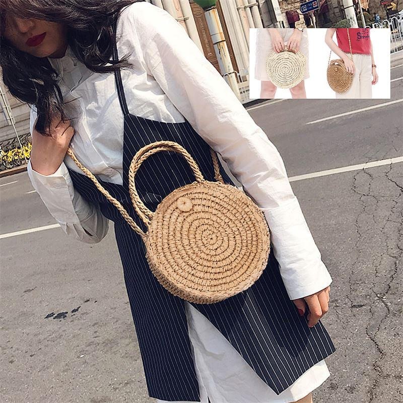 Rund Stråtaske Beige Hvid Kvinder Rattan Circle Håndvævet Skuldertaske Crossbody Taske