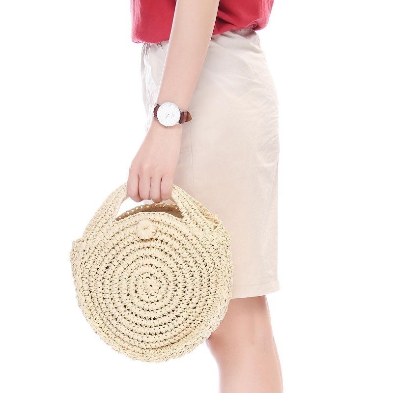 Rund Stråtaske Beige Hvid Kvinder Rattan Circle Håndvævet Skuldertaske Crossbody Taske