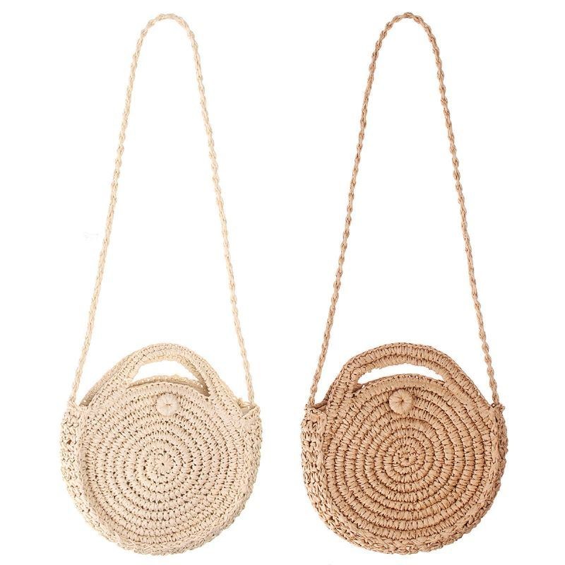 Rund Stråtaske Beige Hvid Kvinder Rattan Circle Håndvævet Skuldertaske Crossbody Taske