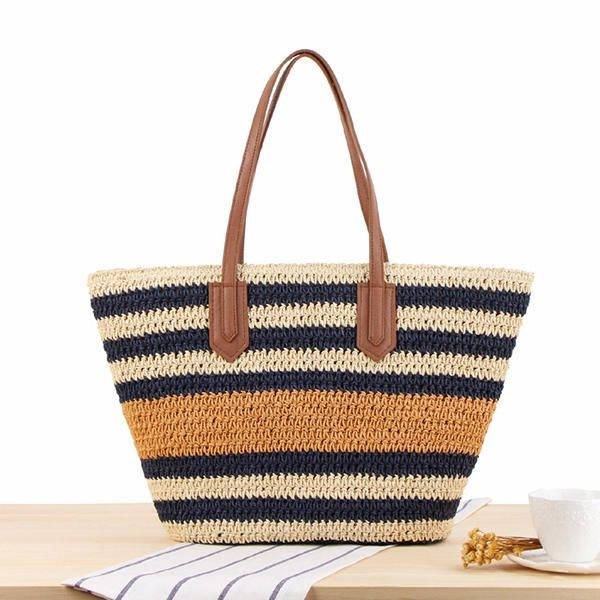 Stribet Skuldertaske Til Kvinder Straw Beach Bag Tote Bag Håndtaske