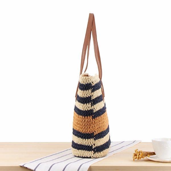 Stribet Skuldertaske Til Kvinder Straw Beach Bag Tote Bag Håndtaske