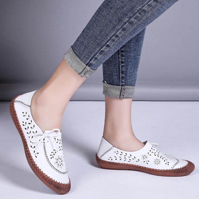 Ægte Læder Til Kvinder Plus Size Åndbar Udhulet Blød Sål Casual Flats Loafers