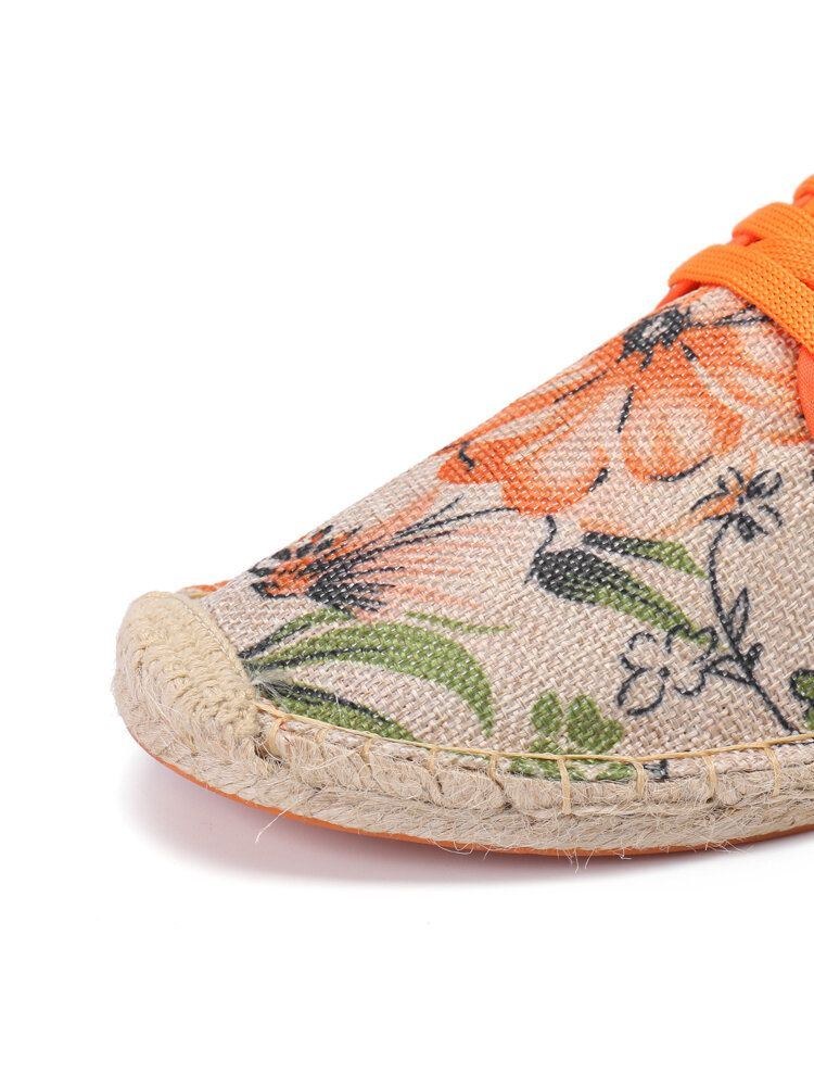 Blomsterprintet Hørstof Til Kvinder Behagelig Åndbar Bærbar Snøresko Casual Espadrille-sko