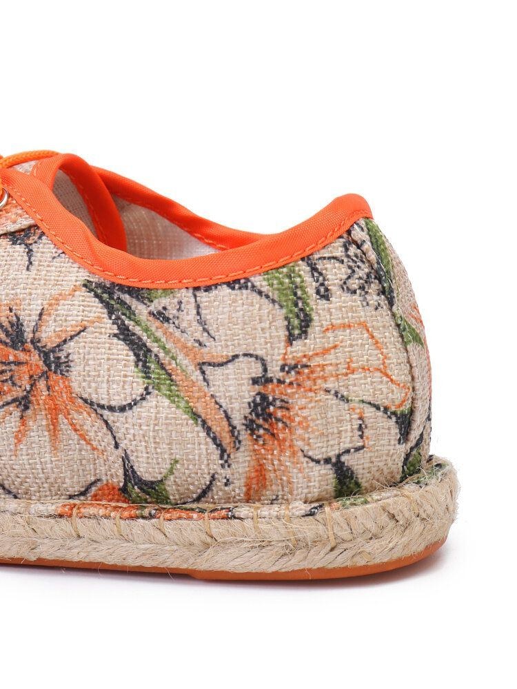 Blomsterprintet Hørstof Til Kvinder Behagelig Åndbar Bærbar Snøresko Casual Espadrille-sko